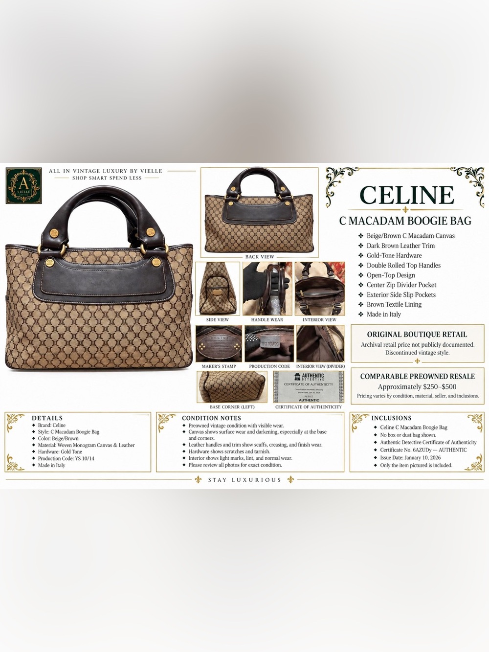 Celine Vintage Macadam Boogie Tote Brown Monogram Canvas Leather